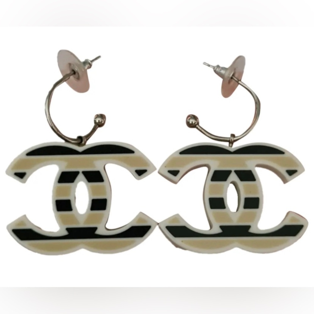 Rare Vintage CHANEL 2005 Cruise Collection Striped CC Resin Drop Earrings XL